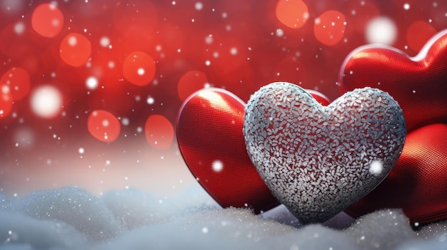 Corazones rojos relucientes alineados en la nieve Símbolo de amor romántico y calor IA generativa