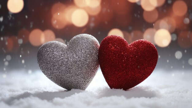 Foto corazones rojos relucientes alineados en la nieve símbolo de amor romántico y calor ia generativa