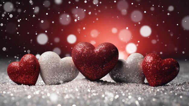 Corazones rojos relucientes alineados en la nieve Símbolo de amor romántico y calor IA generativa