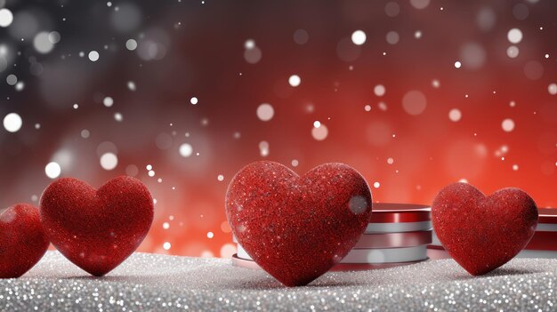 Corazones rojos relucientes alineados en la nieve Símbolo de amor romántico y calor IA generativa