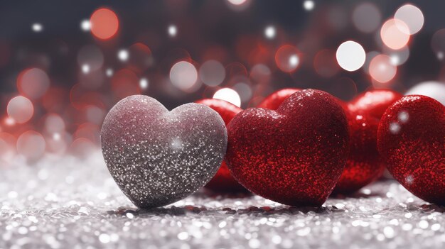 Corazones rojos relucientes alineados en la nieve Símbolo de amor romántico y calor IA generativa