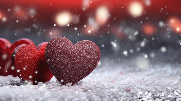 Corazones rojos relucientes alineados en la nieve Símbolo de amor romántico y calor IA generativa