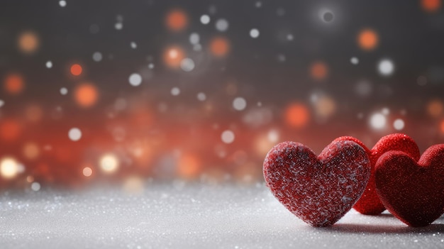 Corazones rojos relucientes alineados en la nieve Símbolo de amor romántico y calor IA generativa