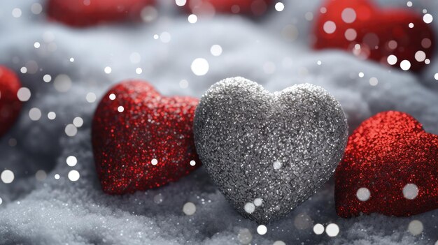 Corazones rojos relucientes alineados en la nieve Símbolo de amor romántico y calor IA generativa