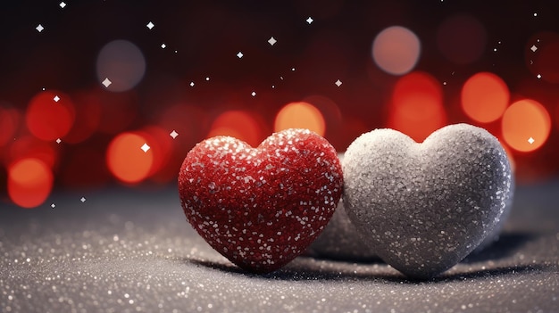 Foto corazones rojos relucientes alineados en la nieve símbolo de amor romántico y calor ia generativa