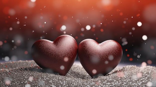 Corazones rojos relucientes alineados en la nieve Símbolo de amor romántico y calor IA generativa