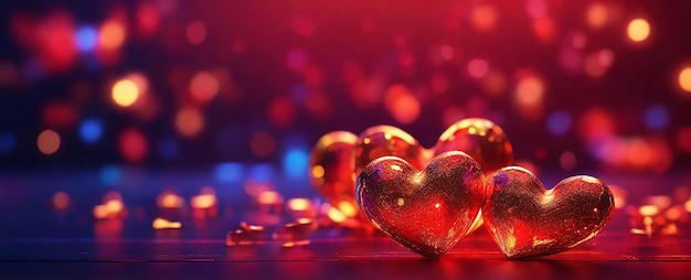 corazones rojos de vidrio elementos románticos en un fondo oscuro para el Día de San Valentín