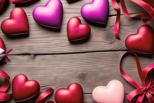 Los corazones románticos aman el fondo en la mesa de madera con espacio de copia para el anuncio de texto Ilustración generativa de IA