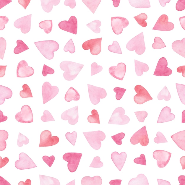 Corazones rosados en acuarela sobre un fondo blanco patrón romántico sin costuras dibujado a mano