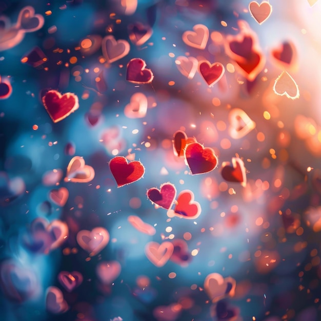 Los corazones rosados y azules de ensueño flotando en la luz