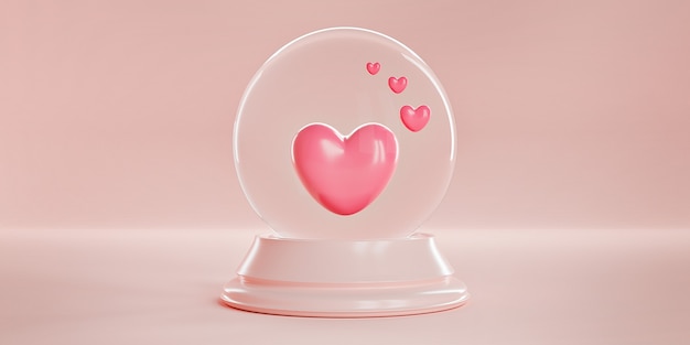 Corazones rosados en una bola esférica de cristal mágica sobre un fondo rosa pastel.