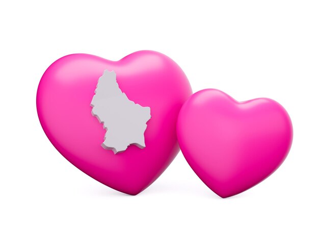 Corazones rosados brillantes en 3D con mapa blanco de Luxemburgo aislado en fondo blanco ilustración en 3D