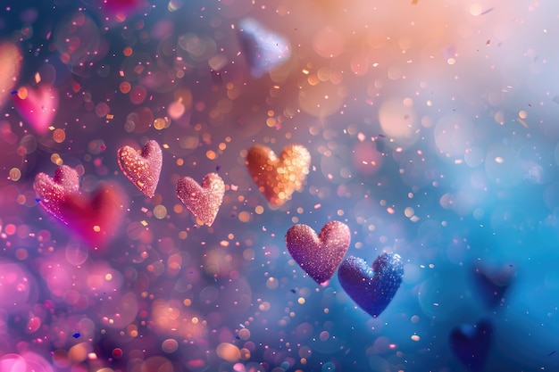 Corazones rosados brillantes cayendo contra un fondo azul y púrpura