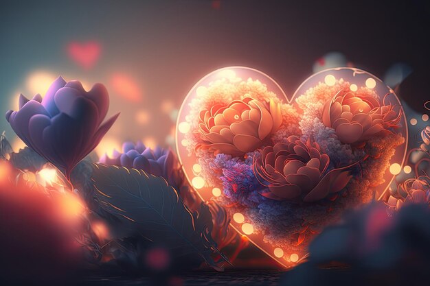 Corazones de San Valentín 3d coloridos con elementos de flores y efecto Bokeh