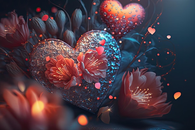 Corazones de San Valentín 3d coloridos con elementos de flores y efecto Bokeh