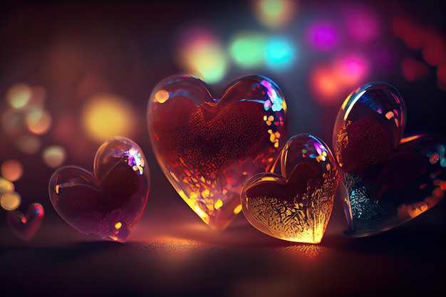 Corazones de San Valentín coloridos con fondo de efecto Bokeh