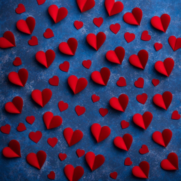 Corazones de seda roja sobre un fondo de color azul