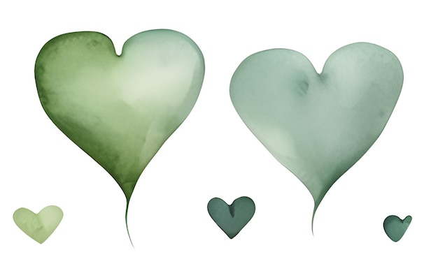 Corazones verdes de acuarela con trazas artísticas de pincel marcas y manchas AI Generado gráficos de acuarelas