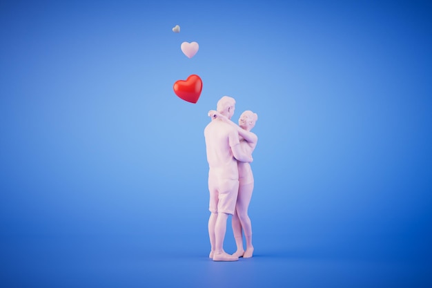 Corazones volando junto a una pareja enamorada que se está abrazando en un render 3D de fondo azul