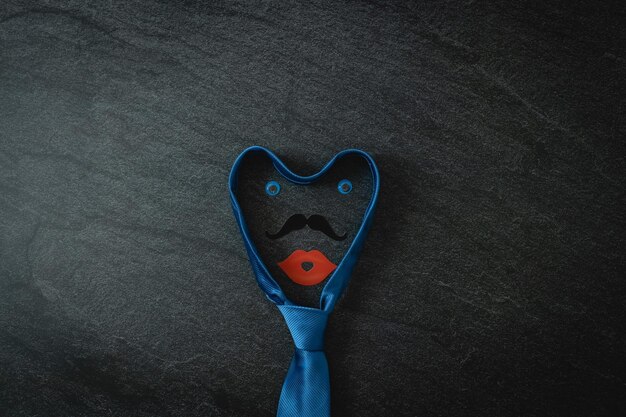 Corbata azul con ojos y boca de papel sobre negro.