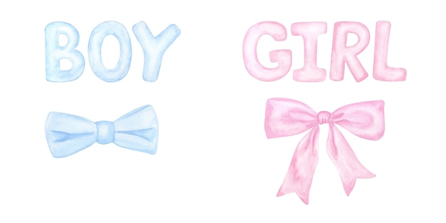 Corbata de pajarita azul cinta de pajarita rosa palabras niña niño Ilustración de acuarela dibujada a mano aislada en fondo blanco Género revelar fiesta ducha de bebé diseño infantil
