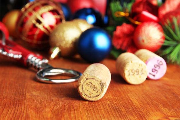 Corchos de vino con juguetes de año nuevo en primer plano de la mesa de madera