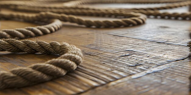 Corda descartada em fundo de teia de chão de madeira