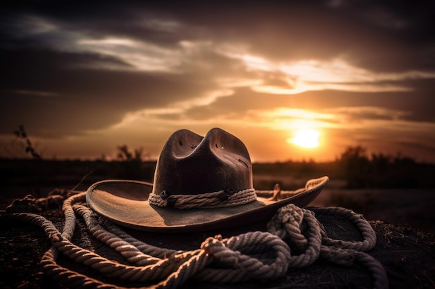 Foto corda e laço de chapéu de cowboy icônicos contra o céu do pôr do sol criado com ia generativa