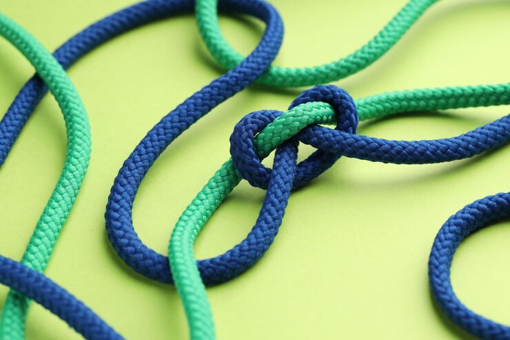 Foto cordas de colores atadas en un nudo en un fondo verde claro primer plano concepto de unidad
