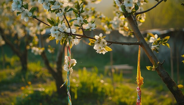 Foto cordas de martisor amarradas aos galhos de árvores frutíferas em flor em um pomar romeno