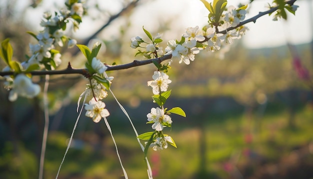 Foto cordas de martisor amarradas aos galhos de árvores frutíferas em flor em um pomar romeno