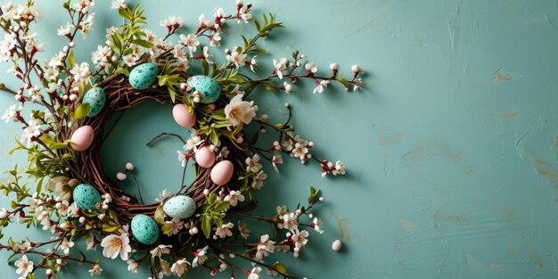 Cordeira de Páscoa feita à mão com ovos coloridos e flores de primavera.