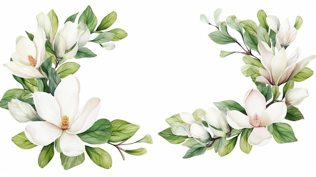 Cordeira floral aquarela com magnólias e folhas verdes para cartões de saudação e convite de casamento