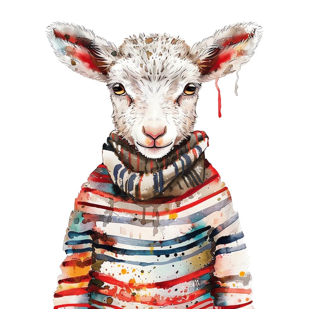 Cordeiro à moda em um suéter listrado de moda ilustração aquarela para berçário para arte de parede