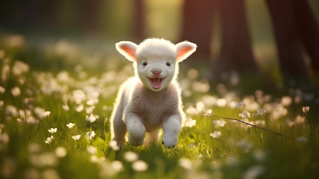 Foto cordeiro bebê fofo brincando em um pasto verde