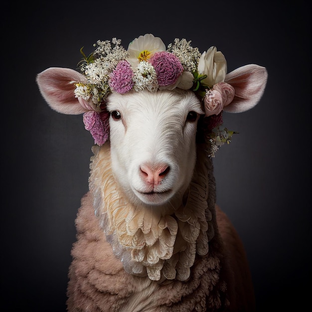 Cordeiro de ovelha com coroa de flores florais