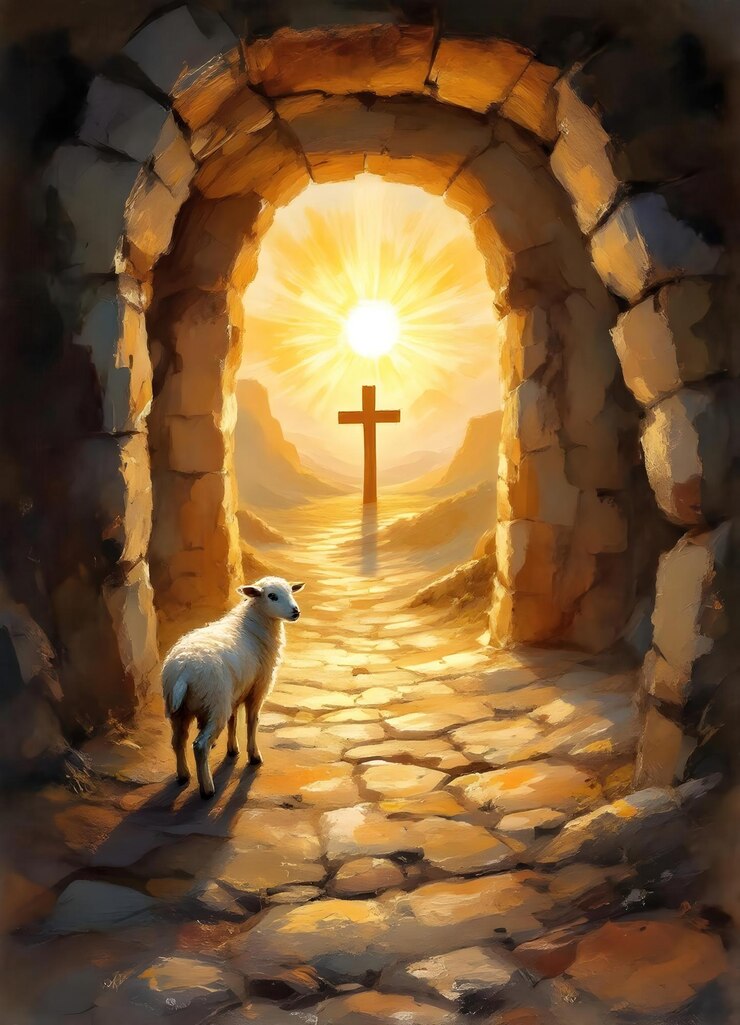 Foto cordeiro na entrada de um túmulo com cruz ao nascer do sol