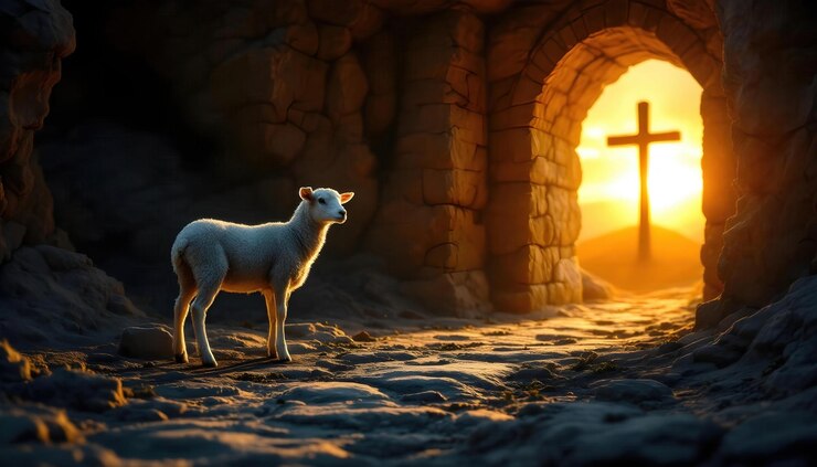 Foto cordeiro na entrada de um túmulo com cruz ao nascer do sol