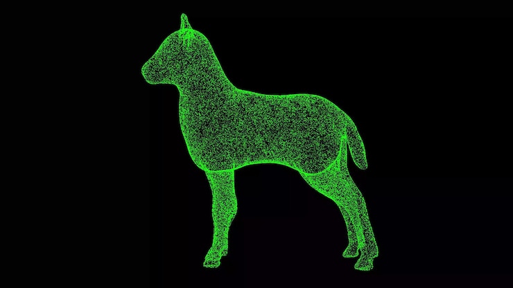 Foto cordero 3d sobre fondo negro objeto hecho de partículas brillantes concepto de animales salvajes para la presentación del texto del título animación 3d
