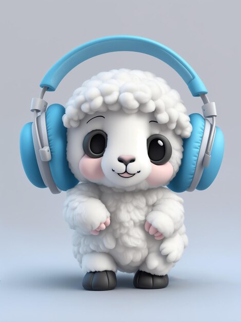 Foto un cordero adorable con auriculares y escuchando música