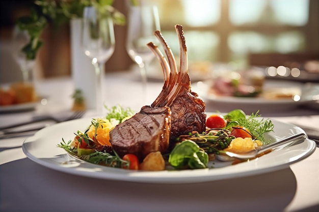 Cordero para el almuerzo en el área del comedor con un respaldo acogedor para el comedor