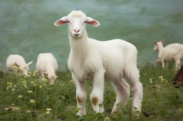 Cordero blanco en un campo frente a otros animales.