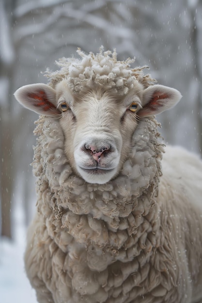 Cordero coronado con nieve mirando hacia adelante Una imagen de paz invernal