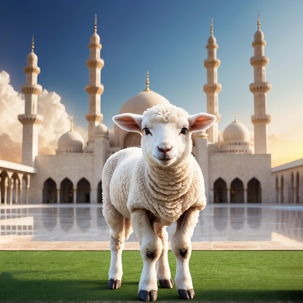 Foto un cordero con un fondo de mezquita concepto islámico de eid aladha