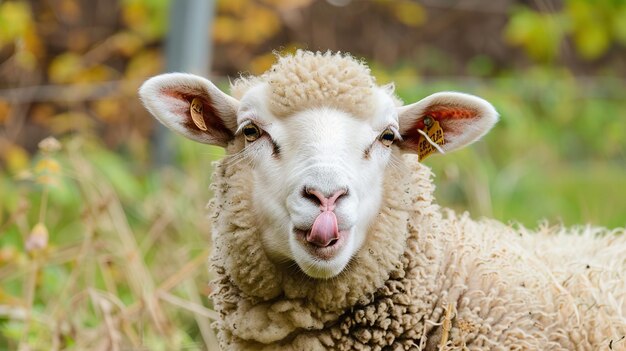 Foto cordero gracioso retrato de una oveja que muestra la lengua generativo ai