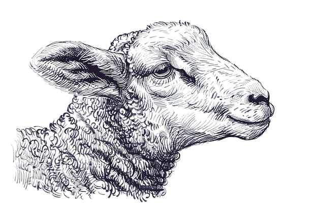 Cordero de oveja Vintage impresión retro negro blanco cordero de ovino boceto dibujo estilo lápiz de tinta
