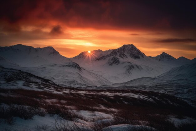 Cordilheira coberta de neve com pôr do sol dramático ao fundo criado com ai generativa