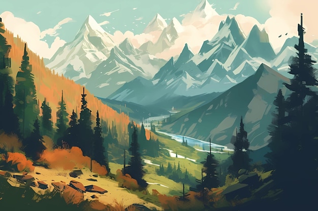 Cordilheira com picos cobertos de neve e ilustração de arte digital de vales verdes