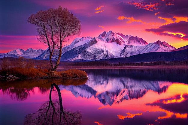 Foto cordilheira majestosa ao nascer do sol com pequeno lago e árvore solitária em primeiro plano