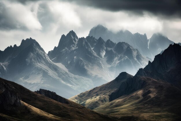 Cordilheira majestosa com nuvens rolando sobre picos criados com IA generativa